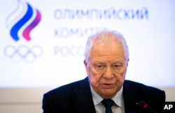 Vitaly Smirnov, a former IOC member from Russia who runs a government-backed anti-doping commission, speaks to journalists after a Russian Olympic committee meeting in Moscow, Russia, Dec. 12, 2017.