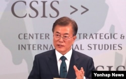 FILE - South Korea's President Moon Jae-In speaks at the CSIS seminar in Washington, June 30, 2017.
