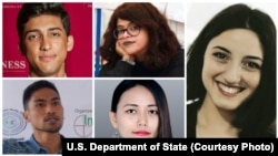 The U.S. State Department's Global Emerging Young Leaders Award winners are, clockwise, from top left, Ahmad Shakib Mohsanyar, Ahlem Nasraoui, Nino Nanitashvili, Thinzar Shunlei Yi and Zulfirman Rahyantel.