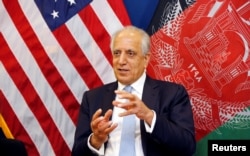 FILE - U.S. special envoy for peace in Afghanistan, Zalmay Khalilzad, speaks during a roundtable discussion with Afghan media at the U.S. Embassy in Kabul, Afghanistan, Jan. 28, 2019.