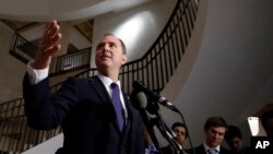 FILE - Rep. Adam Schiff, Democrat-California, a ranking member of the House Committee on Intelligence, speaks during a media availability after a closed-door meeting of the House Intelligence Committee on Capitol Hill, Feb. 5, 2018.