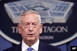 Defense Secretary Jim Mattis speaks at the Pentagon, May 19, 2017.
