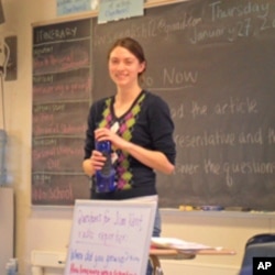 Nicky Oulette teaching the Little Wound school’s journalism class.