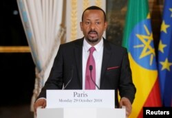 FILE - Ethiopian Prime Minister Abiy Ahmed speaks during a media conference at the Elysee Palace in Paris, France, Oct. 29, 2018.