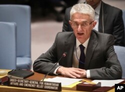 FILE - Mark Lowcock, U.N. Humanitarian Affairs Emergency and Relief Coordinator, addresses the United Nations Security Council with a report on Yemen at U.N. headquarters, Oct. 23, 2018.