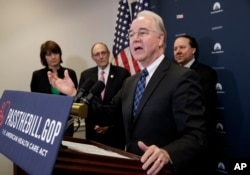 Health and Human Services Secretary Tom Price, joined by, from left, Rep. Cathy McMorris Rodgers, R-Wash., chair of the Republican Conference, Rep. Phil Roe, R-Tenn., and Rep. Pat Tiberi, R-Ohio, speaks during a news conference on Capitol Hill in Washington, March 17, 2017.