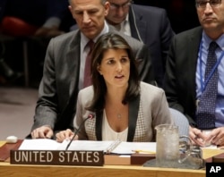 FILE - United States Ambassador to the United Nations Nikki Haley speaks during a U.N. Security Council meeting at United Nations headquarters in New York, Nov. 26, 2018.