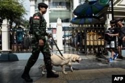 FILE - A Thai soldier with a sniffer dog walks near Erawan Shrine, a popular tourist destination that was the site of a bomb attack almost one year ago, in Bangkok on August 12, 2016.
