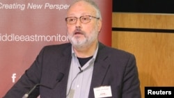 FILE - Saudi dissident Jamal Khashoggi speaks at an event hosted by Middle East Monitor in London, Sept. 29, 2018.