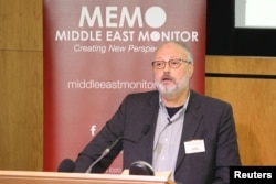Saudi dissident Jamal Khashoggi speaks at an event hosted by Middle East Monitor in London, Sept. 29, 2018.