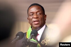 FILE - Emmerson Mnangagwa speaks after being sworn in as Zimbabwe's president in Harare, Zimbabwe, Nov. 24, 2017.