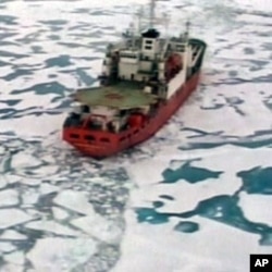 The Russian research vessel the Akademik Fyodorov with miniature submarines on board sails in the Arctic Ocean in this Reuters Television image (File)