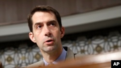 FILE - Senate Armed Services Committee member Sen. Tom Cotton, R-Ark. on Capitol Hill in Washington, July 11, 2017.