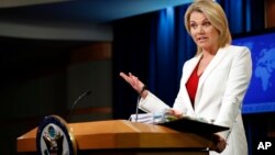 FILE - State Department spokeswoman Heather Nauert speaks during a briefing at the State Department in Washington, Aug. 9, 2017.