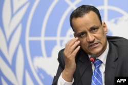 FILE - United Nations Special Envoy for Yemen, Ismail Ould Cheikh Ahmed, gestures during a press conference at the UN offices at Geneva, June 19, 2015.