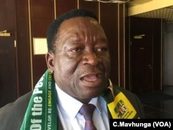 Victor Matemadanda, the war veterans' secretary, is among those who accuse the US of interference in Zimbabwean politics. In the photo, (08/21/2018) he talks to reporters in Harare.