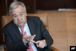 FILE - United Nations Secretary-General Antonio Guterres speaks during an interview at United Nations headquarters on May 7, 2019.