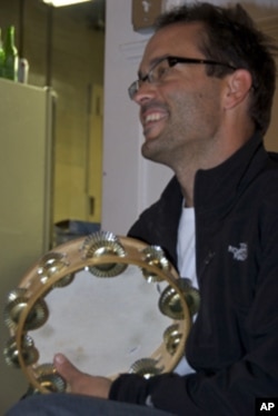 Sean Aucutt with his tambourine, an essential instrument in any Basque band along with the accordion.
