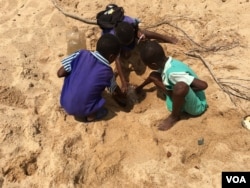 FILE - School children trap water from a dry river in Masvingo district – about 300 km south of Harare, Zimbabwe. (S. Mhofu/VOA)