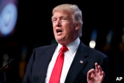 Republican presidential candidate Donald Trump speaks to the National Guard Association of the United States, Sept. 12, 2016, in Baltimore.