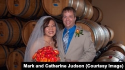Taipei native Catherine Judson (née Chang) and Virginian Mark Judson at their wedding in Virginia, October 2013