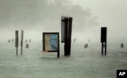Flood waters rise around signs at the Haulover Marine Center at Haulover Park as Hurricane Irma passes by, Sept. 10, 2017, in North Miami Beach, Florida.