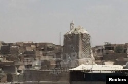 The destroyed Al-Hadba minaret at Grand al-Nuri Mosque is shown in Mosul, Iraq, June 22, 2017.