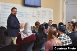 Professor William Barry stands in front of his Philosophy of Love class at Notre Dame de Namur University in Belmont, California.