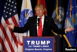 FILE - Presumptive Republican presidential nominee Donald Trump delivers a speech in Virginia Beach, Virginia, July 11, 2016.
