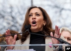 FILE - Sen. Kamala Harris, D-Calif., speaks during the Women's March on Washington, Jan. 21, 2017.