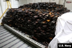 Weapons were seized from a stateless dhow which was intercepted by the Coastal Patrol ship USS Sirocco in the waters of the Arabian Sea on March 28. The illicit cargo included 1,500 AK-47s, 200 RPG launchers, and 21 .50 caliber machine guns.