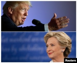 U.S. presidential candidate Donald Trump (top) speaks at a campaign event, in Washington, D.C., Oct. 26 2016 and Hillary Clinton listens during their town hall debate in St. Louis, Missouri, Oct. 9, 2016, in a combination of file photos.