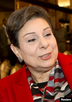 FILE - PLO official Hanan Ashrawi is pictured in Kuwait City, Feb. 11, 2013.