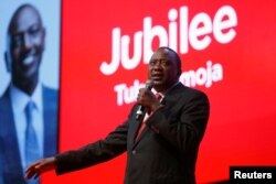 FILE - Kenya's President Uhuru Kenyatta delivers his speech during an event unveiling the Jubilee Party's manifesto in Nairobi, Kenya, June 26, 2017.