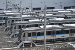 Gerbong-gerbong Moda Raya Terpadu (MRT) Jakarta tampak di stasiun utama, 30 Januari 2019. (Foto: Bayu Ismoyo/AFP)