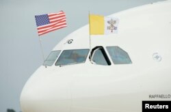 Pope Francis' aircraft taxis at Joint Base Andrews outside Washington upon arrival in the United States, Sept. 22, 2015.