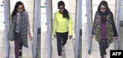 A combination of handout CCTV pictures received from the Metropolitan Police Service shows (L-R) British teenagers Kadiza Sultana, Amira Abase and Shamima Begum passing through security barriers at Gatwick Airport, south of London, Feb. 17, 2015.