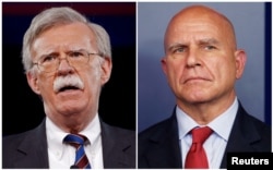 FILE - Former U.S. Ambassador to the United Nations John Bolton, left, speaks in Oxon Hill, Maryland, Feb. 24, 2017, and White House National Security Adviser H.R. McMaster joins the daily briefing in Washington, July 31, 2017, in this combination photograph.