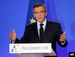 French conservative presidential candidate Francois Fillon holds a press conference at his campaign headquarters in Paris, France, Feb. 6, 2017. Fillon, too, will be competing against Le Pen.