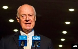 FILE - U.N. Special Envoy for Syria Staffan de Mistura speaks during a news conference, Nov. 19, 2015, at U.N. headquarters.