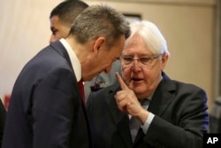 United Nations Special Envoy to Yemen Martin Griffiths, right, speaks to President of the International Committee of the Red Cross (ICRC), Peter Maurer, during talks on Yemen, in Amman, Jordan, Tuesday, Feb. 5, 2019.