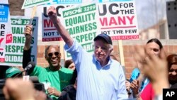 Vermont Sen. Bernie Sanders greets workers at a rally at the University of California Los Angeles, on March 20, 2019.
