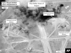 This satellite image released by the U.S. Department of Defense shows a damage assessment image of Shayrat air base in Syria, following U.S. Tomahawk missile strikes, April 7, 2017.