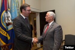 U.S. Vice President Mike Pence (R) shakes hands with Serbian President Alexandar Vucic at the White House in Washington, July 17, 2017. (Twitter - @VP)