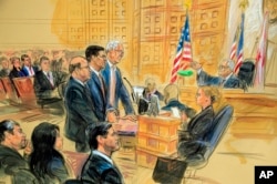 This courtroom sketch depicts former President Donald Trump's former national security adviser Michael Flynn, standing (C), flanked by his lawyers, listening to U.S. District Judge Emmet Sullivan (R) as he addresses Flynn and points to the American flag i