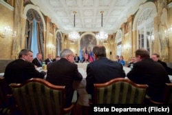 European Union High Representative Federica Mogherini, and United Nations Special Coordinator for the Middle East Peace Process Nickolay Mladenov -- for a meeting at the Imperial Hotel in Vienna, Austria, on Oct. 23, 2015.