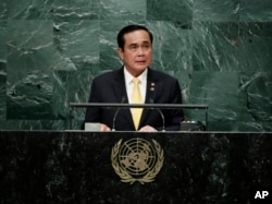 Thai Prime Minister Prayut Chan-o-cha speaks during the 71st session of the United Nations General Assembly, Sept. 21, 2016, at U.N. headquarters.