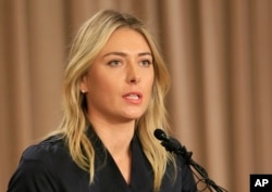 Tennis star Maria Sharapova speaks during a news conference in Los Angeles on Monday, March 7, 2016. Sharapova says she has failed a drug test at the Australian Open.