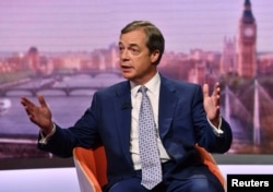 Brexit Party leader Nigel Farage appears on BBC TV's The Andrew Marr Show in London, Britain, May 12, 2019.