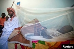 FILE - Adam Abdalah (L), a farmer from West Darfur's Adar, accompanies his son Yassim Adam who is being treated for yellow fever at the Teaching Hospital in El Geneina in this Nov. 14, 2012 handout.